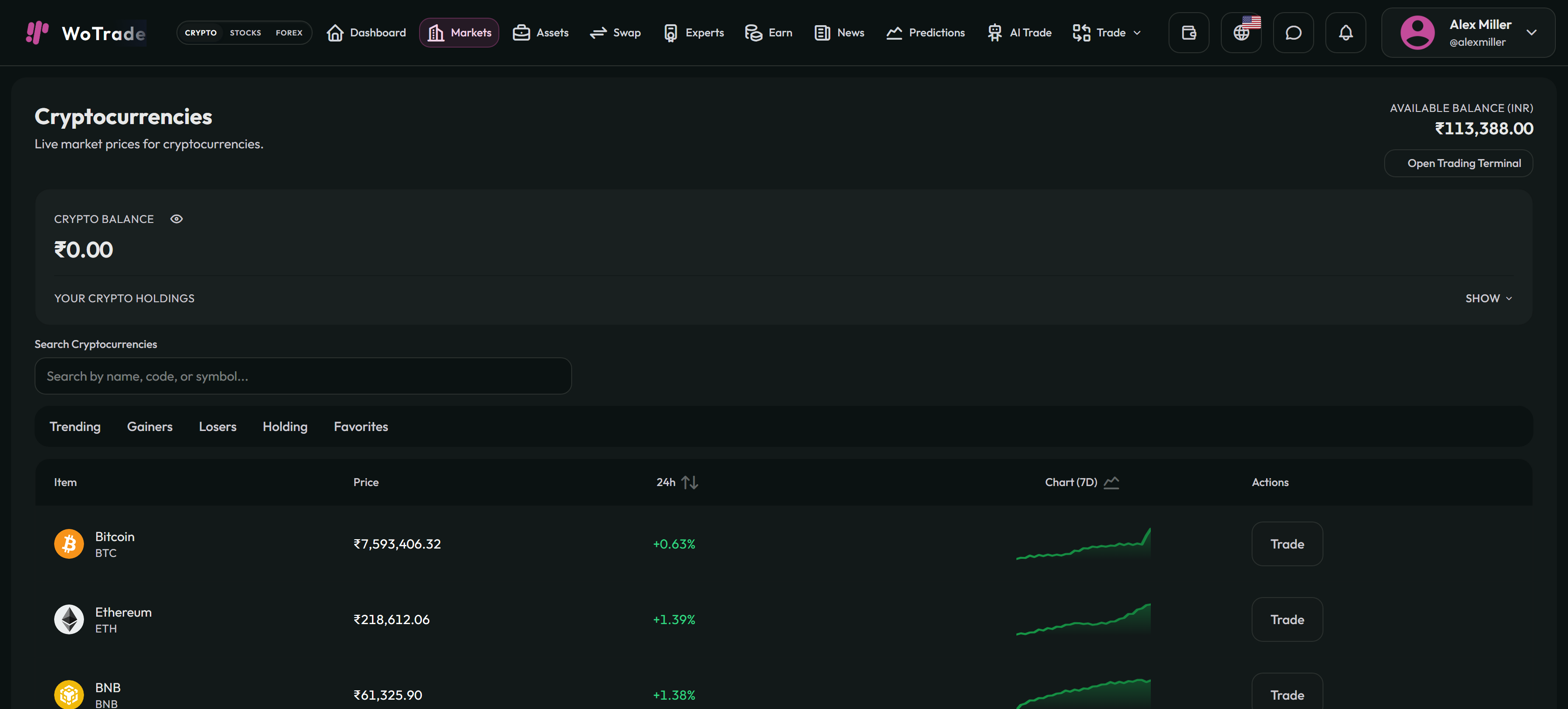 Crypto Market screenshot in dark mode