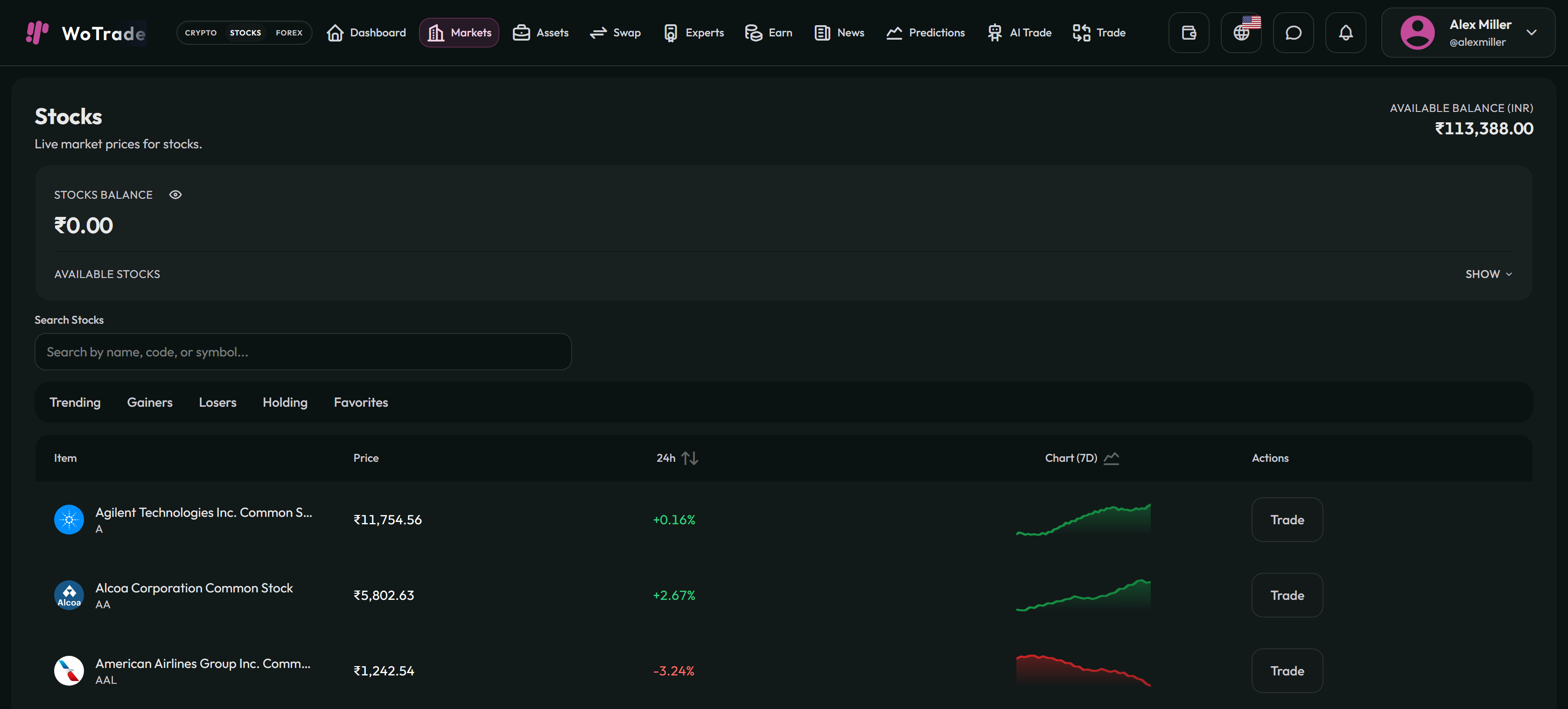 Stocks Market screenshot in dark mode