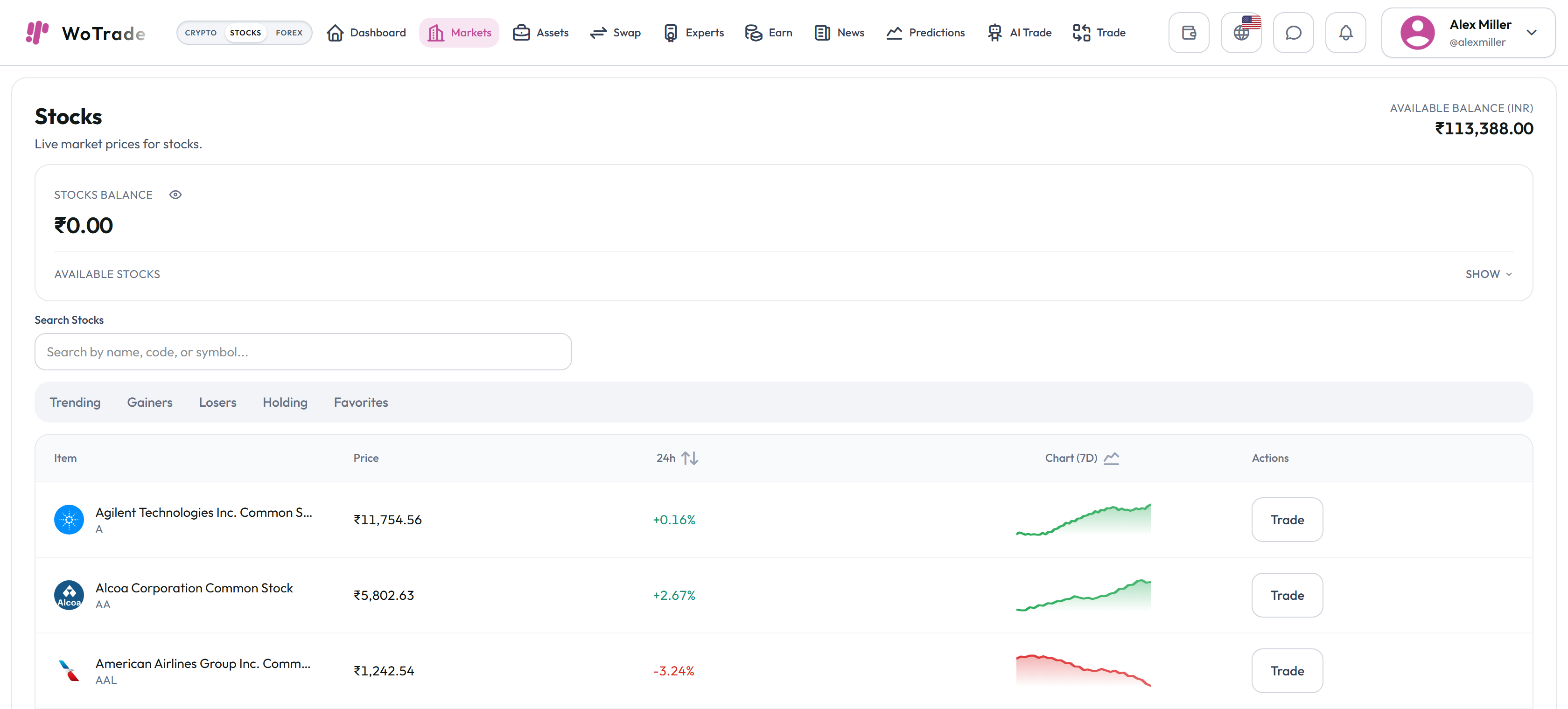 Stocks Market screenshot in light mode
